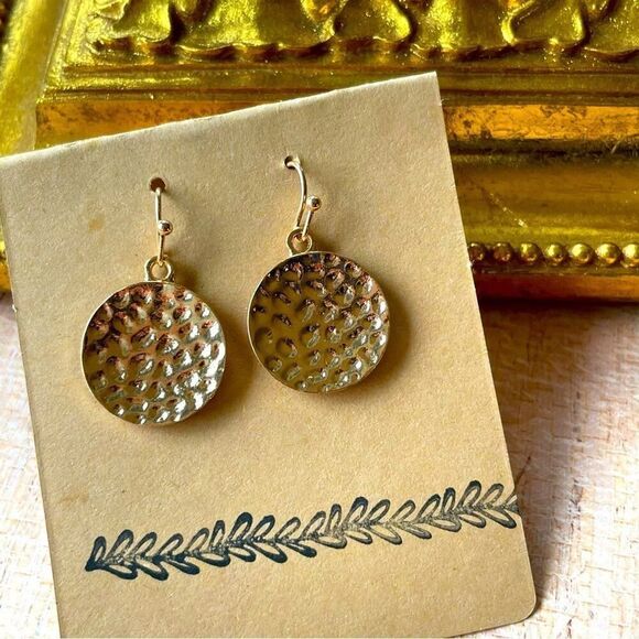 Gold Colored Hammered Disc Round Circle Drop Earrings -NEW - Picture 1 of 6